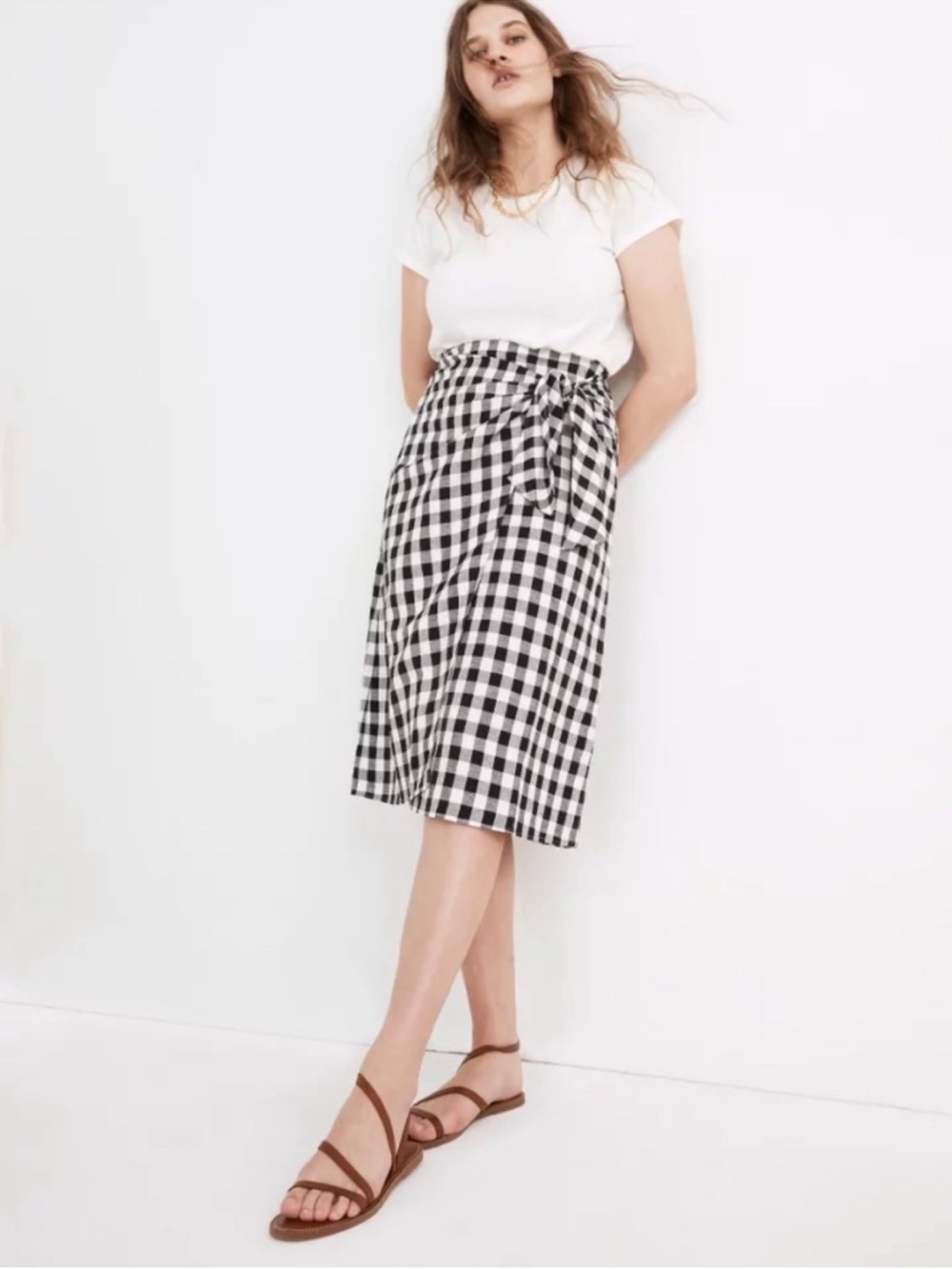 Sarong Faux-Wrap Midi Skirt in Gingham Check Black and White